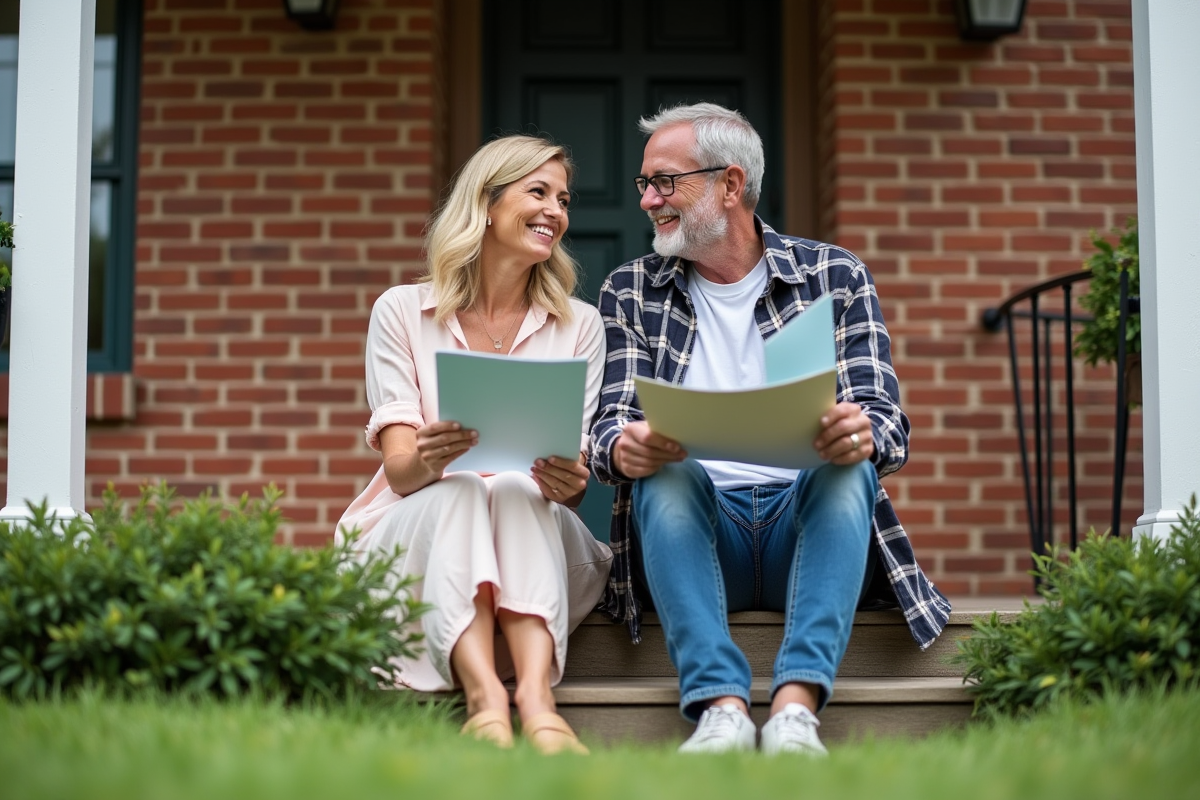 Couple discutant des couleurs extérieures devant une maison en briques