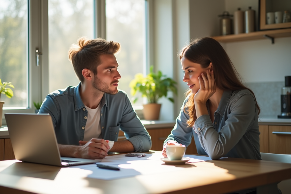 Jeune couple discutant finances à la cuisine lumineuse