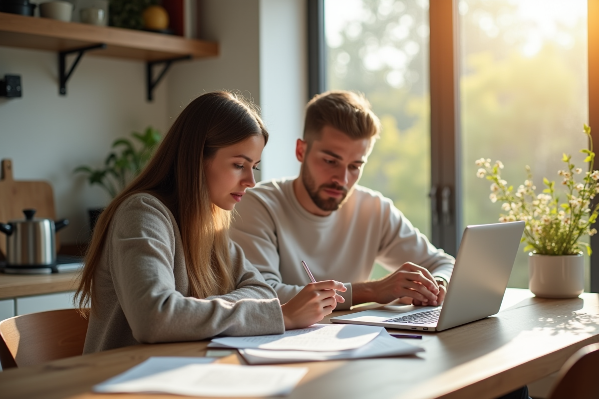 Jeune couple discutant de papiers et d'options avec un ordinateur