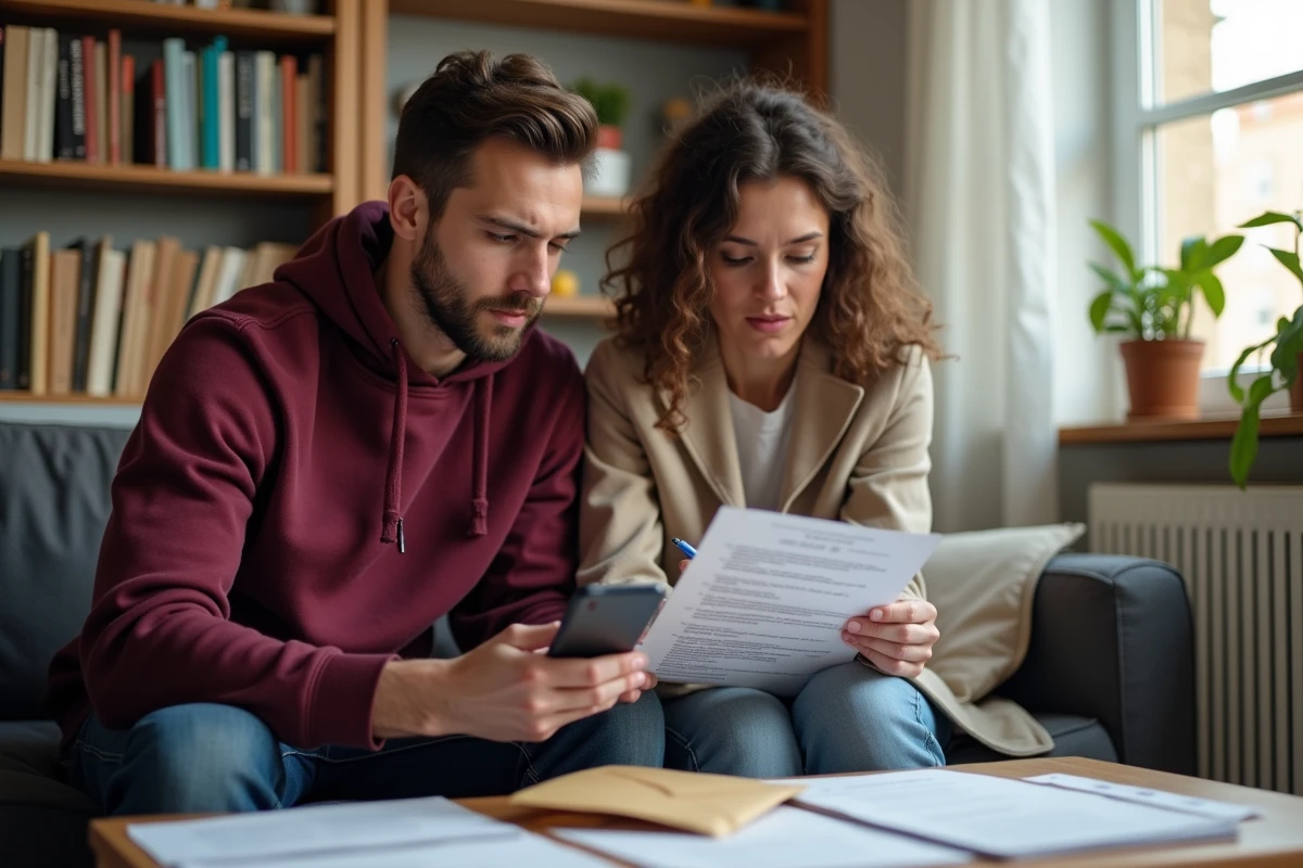Couple vérifiant les documents nécessaires pour une première demande de logement social sur l'application ALin
