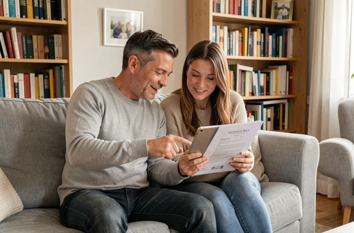 Couple consultant ensemble leur dossier LOC annonces sur une tablette dans leur salon pour maximiser leurs chances d'attribution de logement