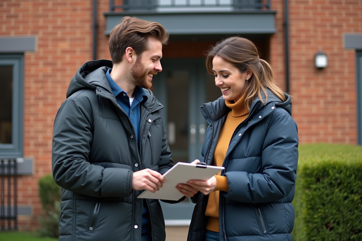 Jeune couple examine une clé devant un bâtiment en briques
