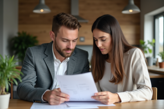 Jeune couple en cuisine examinant des documents financiers
