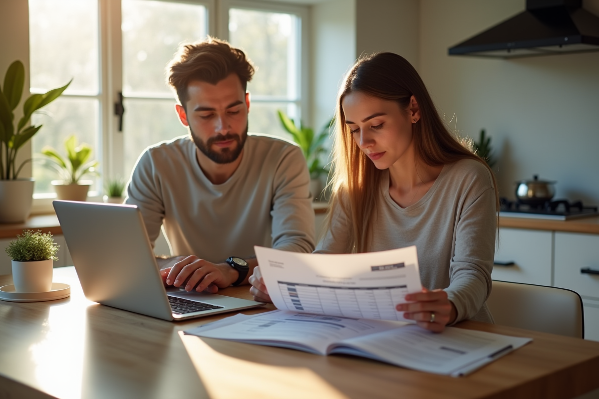 Jeune couple analysant des documents financiers à la maison