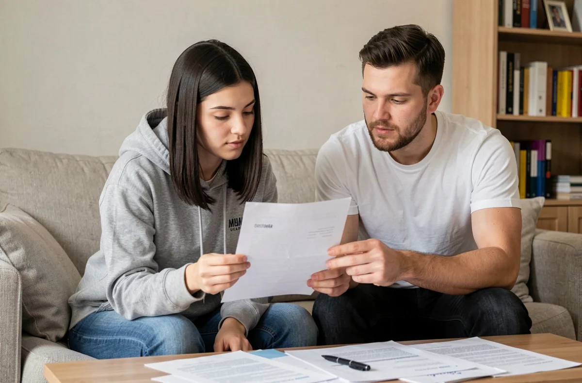 Jeune couple examinant ensemble un formulaire de demande de logement social dans leur salon