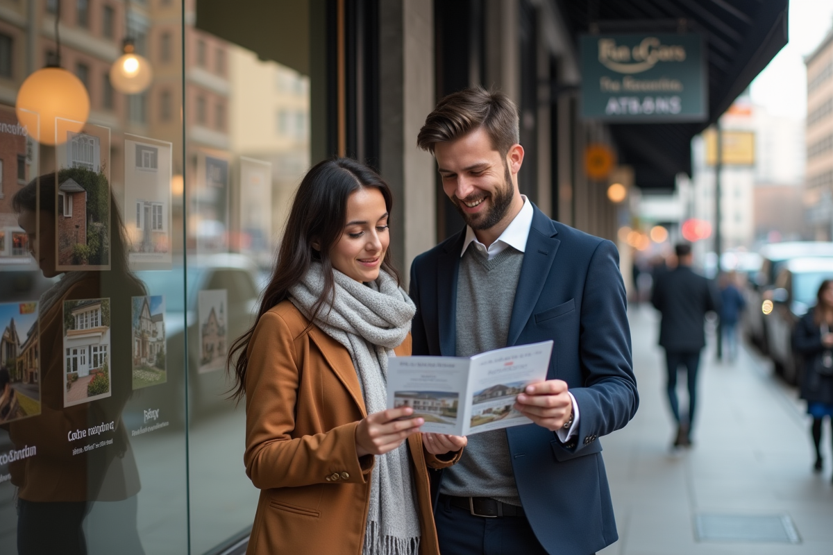 Jeune couple regardant une brochure immobiliere en ville