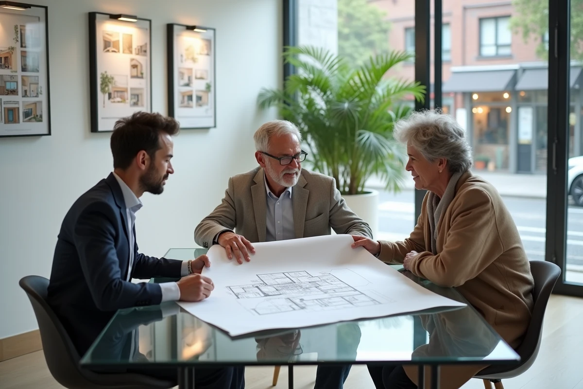 Couple discutant d'un investissement immobilier avec un agent dans une agence contemporaine