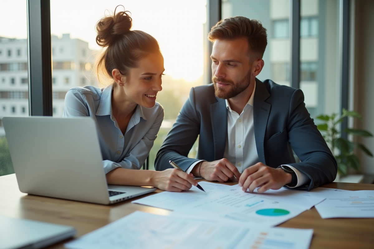 Jeune couple étudiant des documents immobiliers dans un appartement lumineux