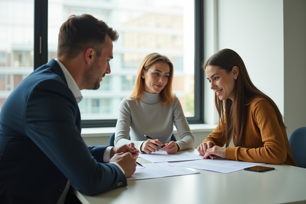 Jeune couple professionnel examinant un contrat de location dans un bureau lumineux