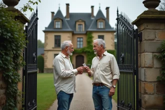 Couple devant un manoir ancien à vendre pour 1 euro symbolique dans la campagne française