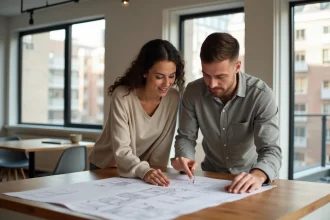 Jeune couple examine un plan dans un appartement lumineux