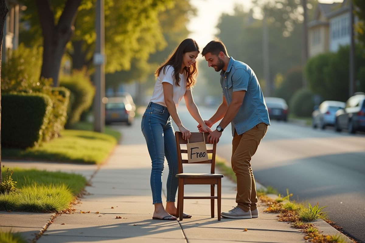 Jeune couple posant une vieille chaise en bois avec un panneau gratuit