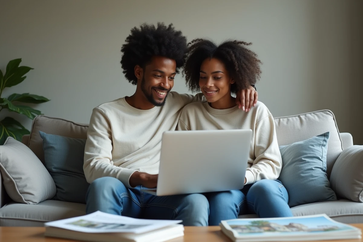 Jeune couple consultant un portail en ligne de demande de logement social sur un ordinateur portable dans leur appartement