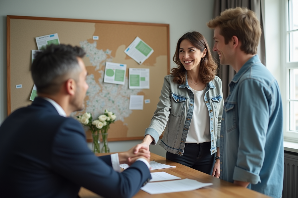 Couple discutant avec un gestionnaire de déménagement en bureau