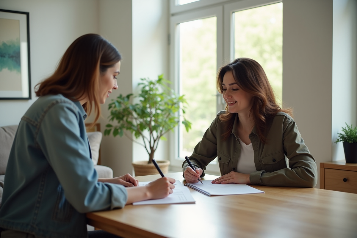 Jeune couple signant des documents de location dans un salon lumineux