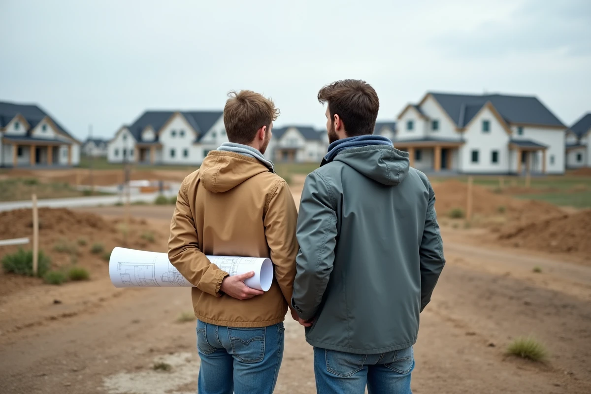 Couple tenant un plan architectural sur un terrain à bâtir vide dans une zone pavillonnaire en cours de développement