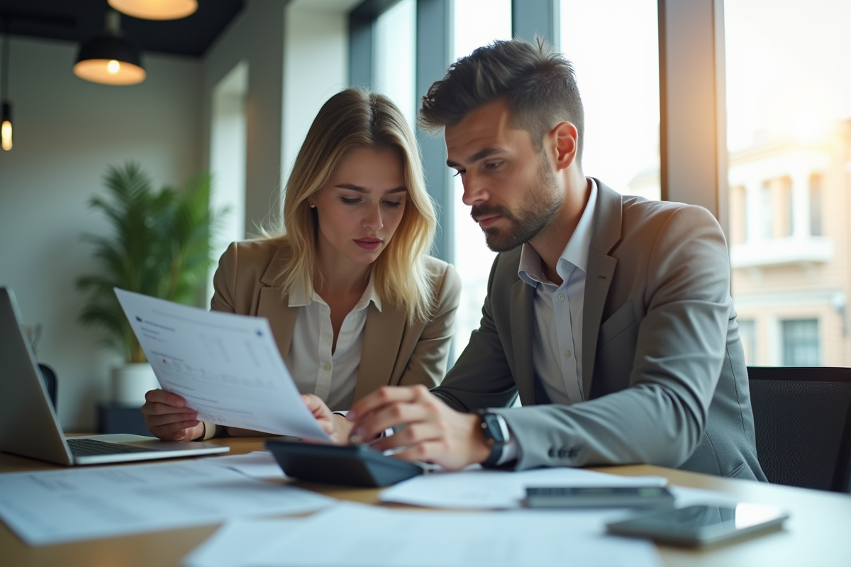 Jeune couple professionnel travaillant sur des documents financiers