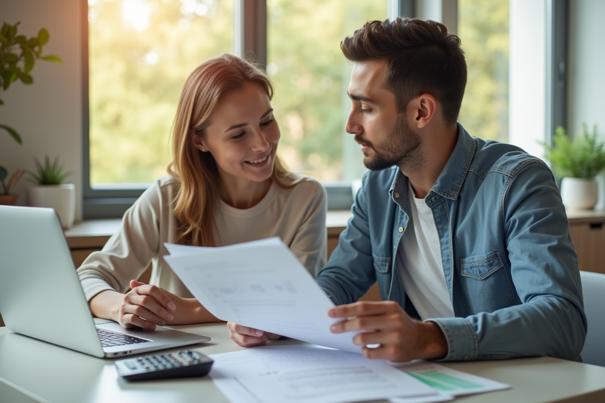 Jeune couple professionnel discutant de documents dans une cuisine lumineuse