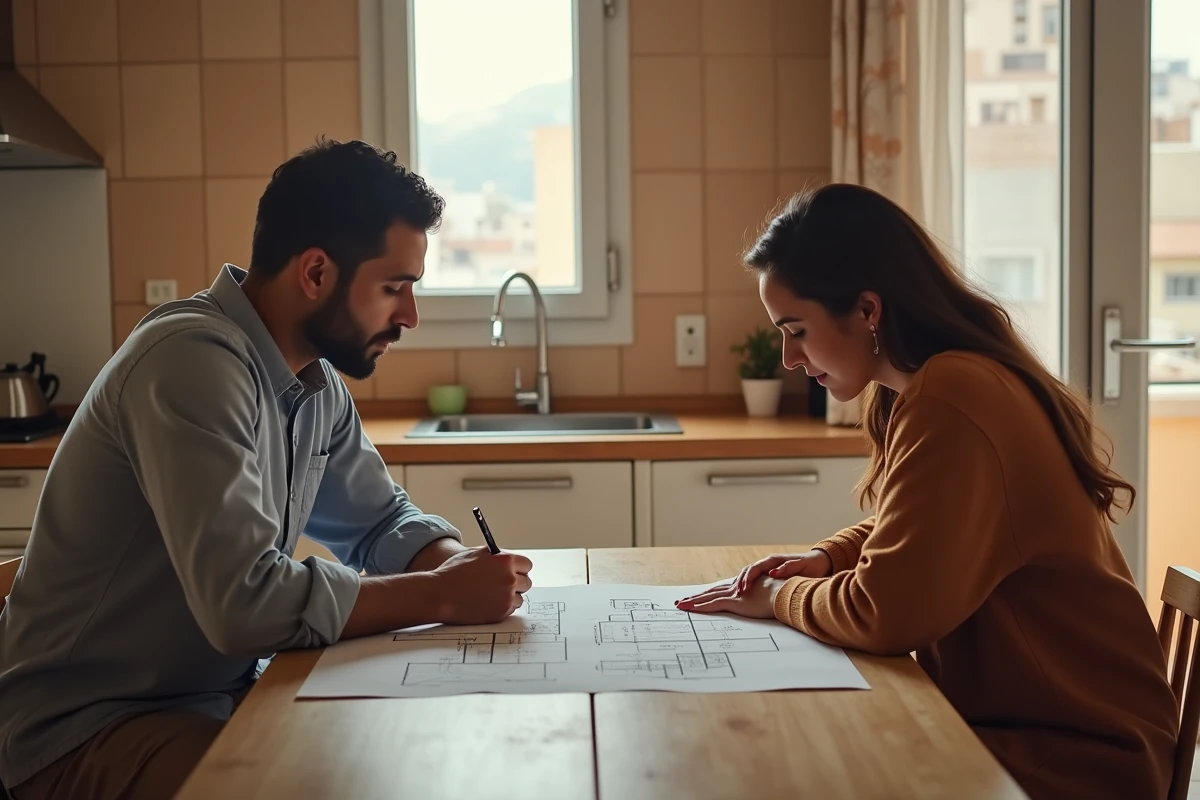 Couple marocain étudiant des documents immobiliers pour une vente d'appartement entre particuliers à Agadir