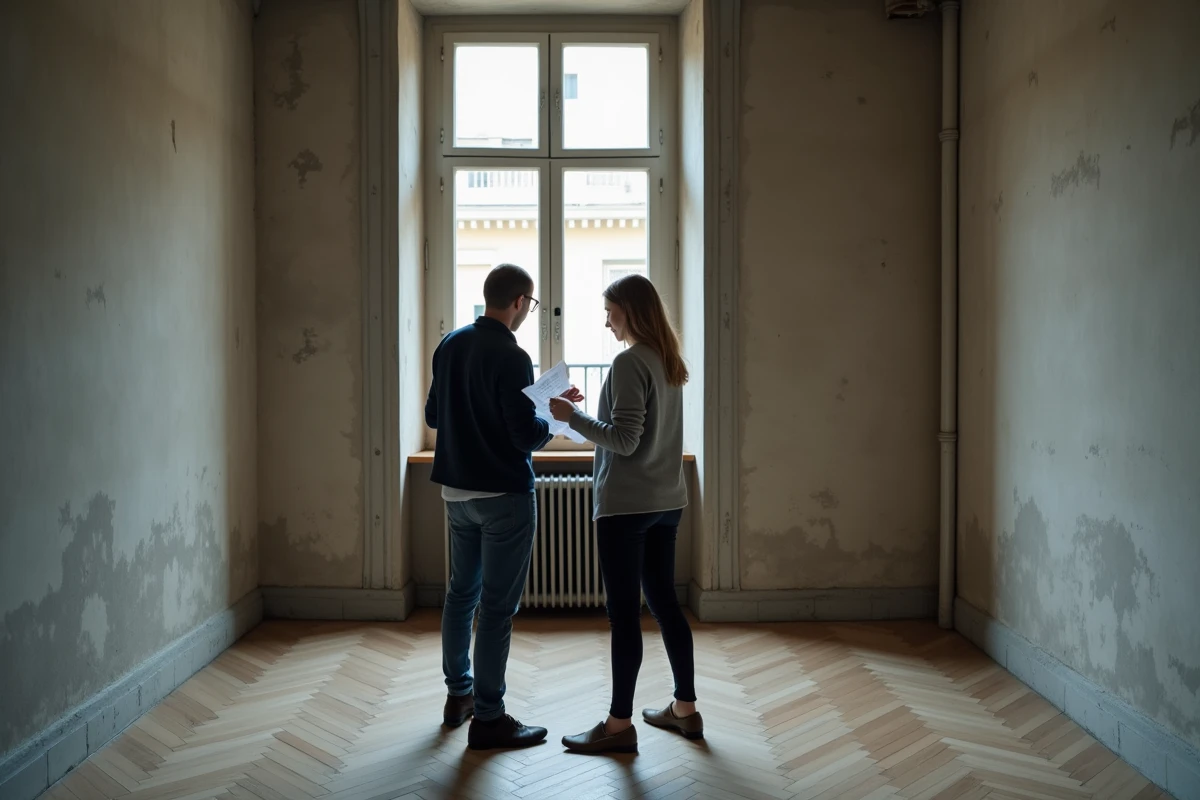 Couple en visite d'un appartement à Lyon remarquant des défauts structurels, erreur fréquente lors d'un achat immobilier précipité