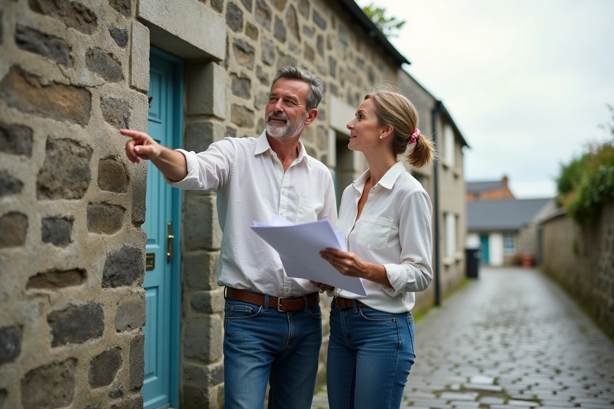 Couple visitant une petite maison de pêcheur à vendre à rénover dans un village breton, étudiant les documents immobiliers devant la façade