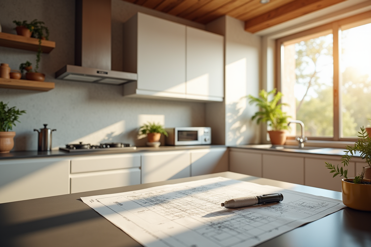 Cuisine moderne en rénovation avec matériaux et plans