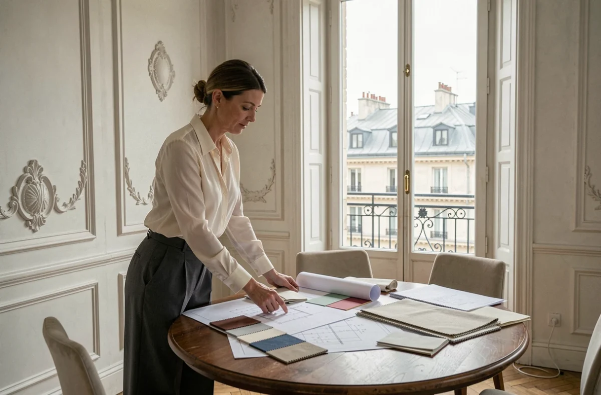 Décoratrice d'intérieur sélectionnant des matériaux pour rénover un appartement haussmannien destiné à la location saisonnière à Paris