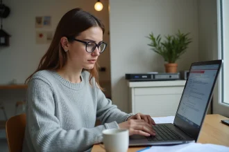 Jeune femme remplissant une demande de logement social en ligne sur ordinateur portable dans un appartement modeste