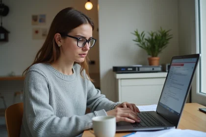 Jeune femme remplissant une demande de logement social en ligne sur ordinateur portable dans un appartement modeste