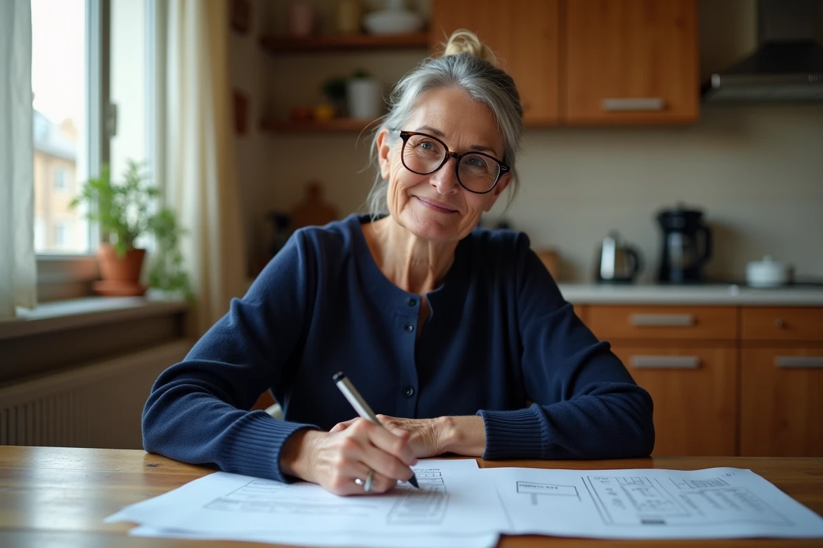 Femme remplissant un dossier de demande de logement social à une table en bois dans un appartement modeste