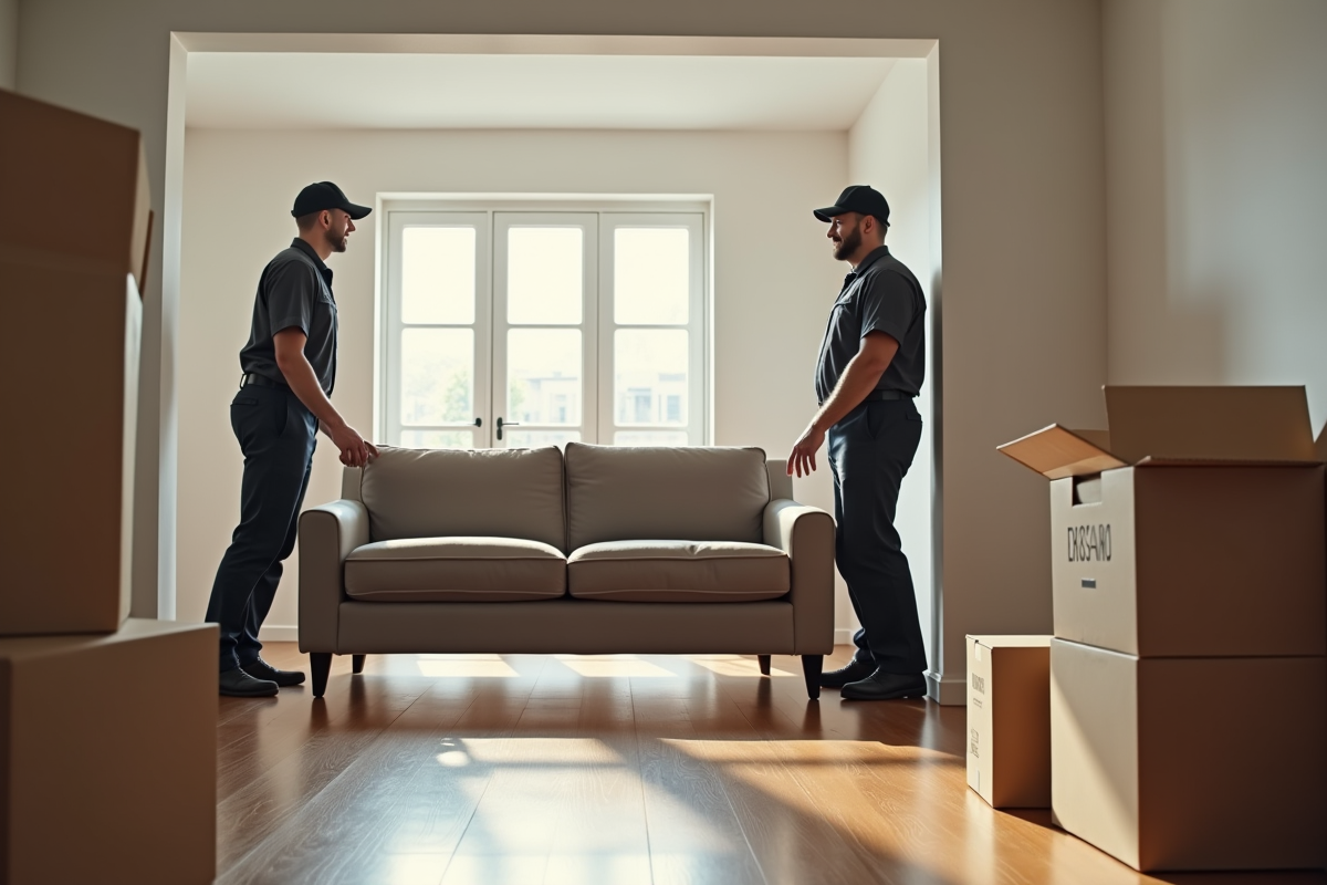 Deux déménageurs professionnels portant un grand canapé dans un salon lumineux
