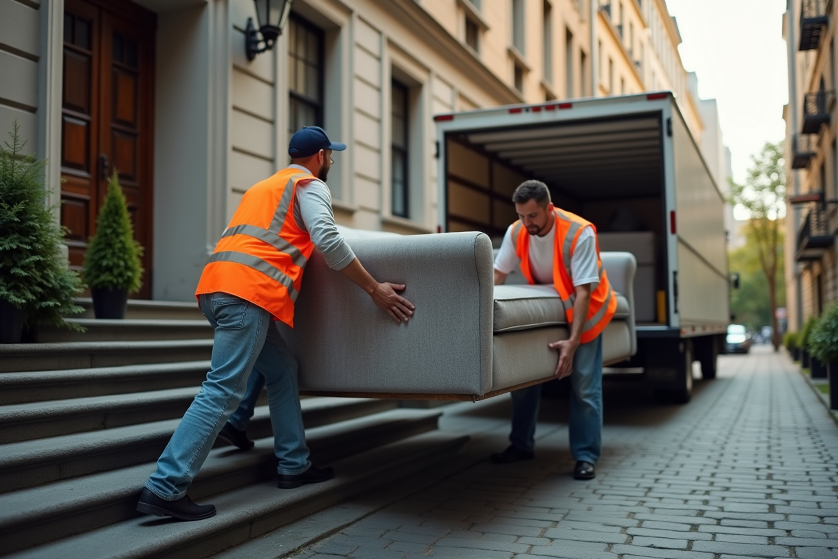 Déménageurs professionnels portant un canapé dans un immeuble urbain