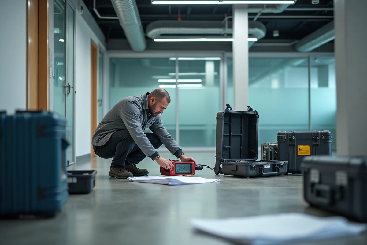 Technicien réalisant un diagnostic gaz et ventilation dans un espace de bureaux commerciaux avant location