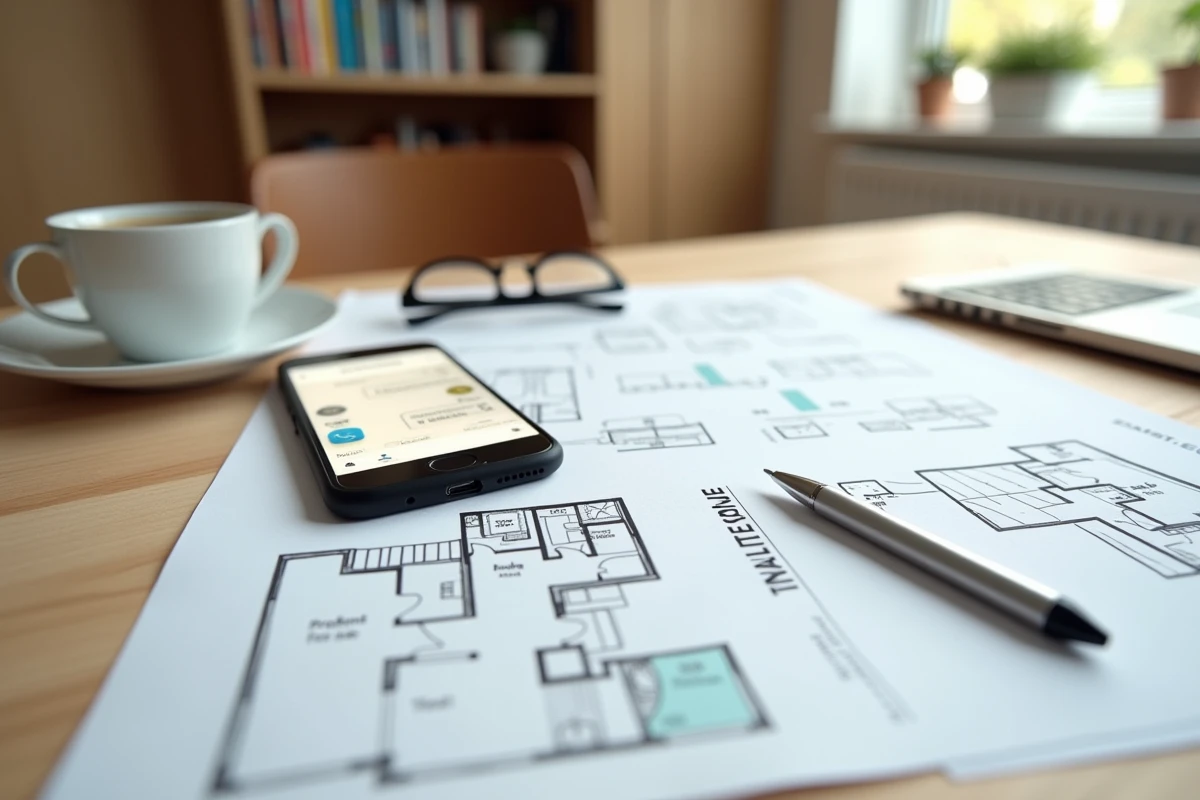 Documents d'estimation immobilière et smartphone affichant un outil d'évaluation de maison posés sur un bureau