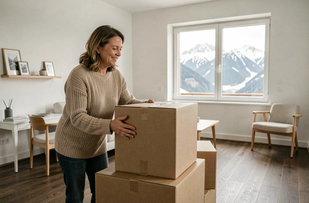Femme emménageant dans sa nouvelle maison en Andorre avec des cartons de déménagement