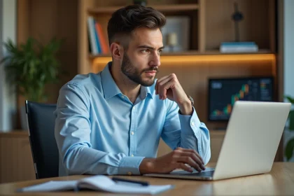 Un entrepreneur analyse un simulateur de rentabilité sur son ordinateur portable dans un bureau moderne