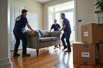 Équipe de déménageurs portant un canapé dans une maison moderne