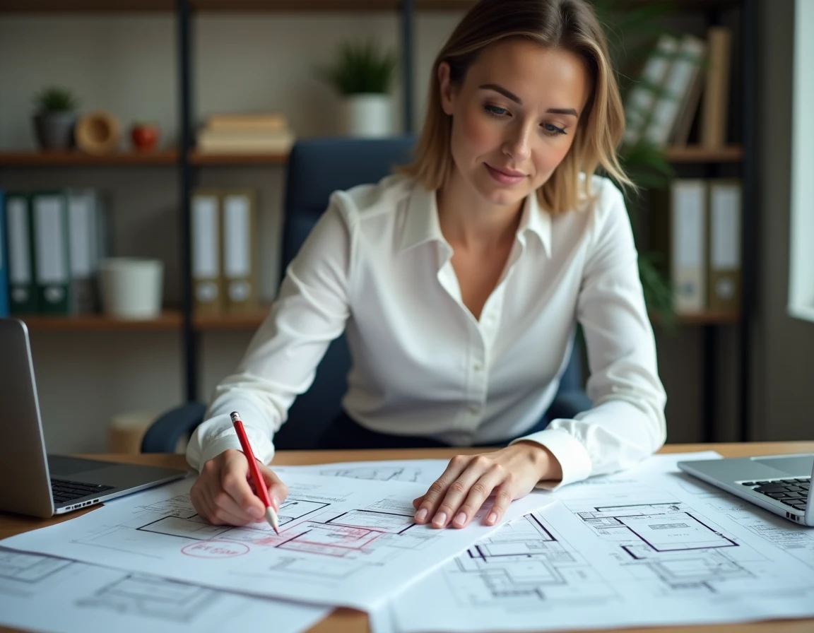 Femme analysant un plan architectural avec une erreur de calcul de surface entourée en rouge sur les plans