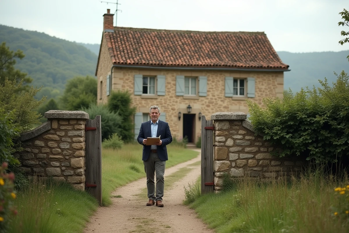 Expert immobilier évaluant une ferme en pierre atypique dans la campagne française