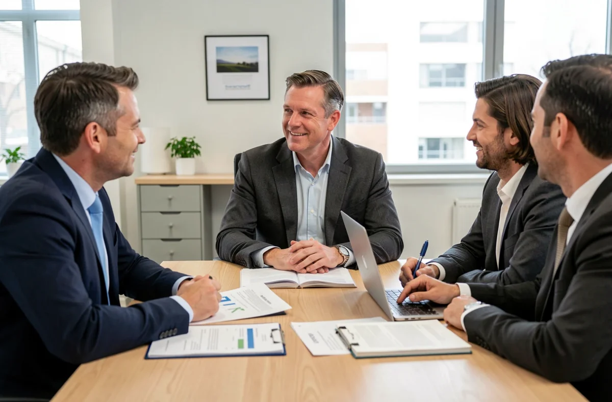 Conseiller Eureka Syndic en réunion avec des copropriétaires autour d'une table de bureau