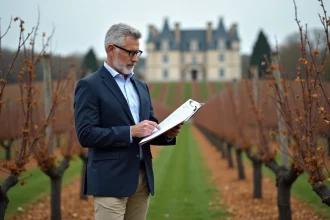 Expert immobilier viticole évaluant un domaine viticole à vendre à Bordeaux, debout dans les vignes en automne avec un dossier d'estimation