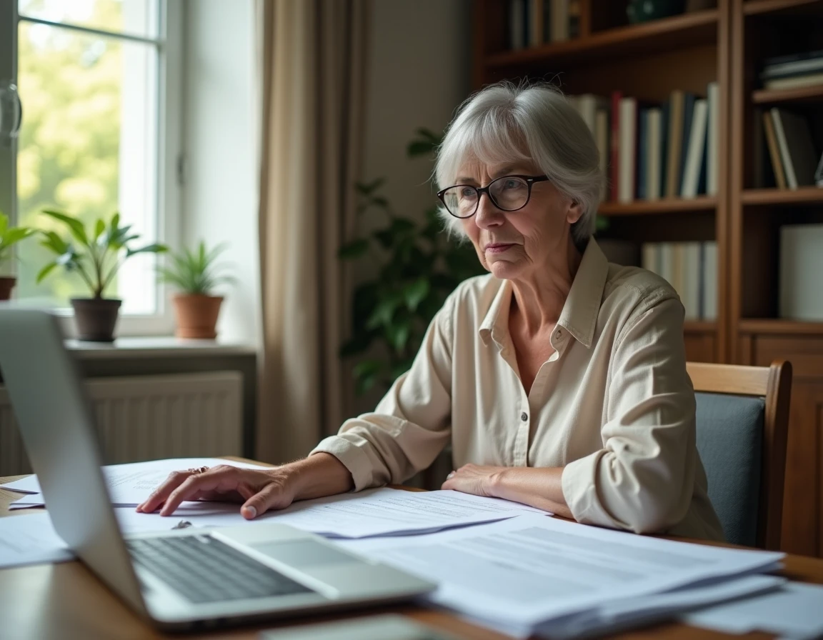 Femme consultant des documents fiscaux pour une exonération de taxe d'habitation sur résidence secondaire