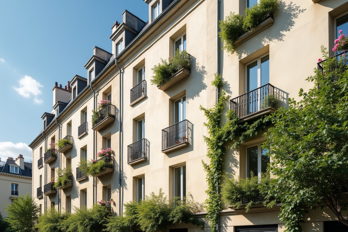 Façade d un immeuble français avec balcon et verdure en plein jour