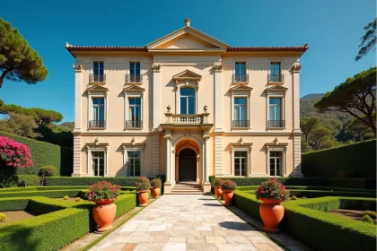 Façade néoclassique de la Villa Leopolda sur la Côte d'Azur avec jardins en parterres géométriques et bougainvilliers en fleurs