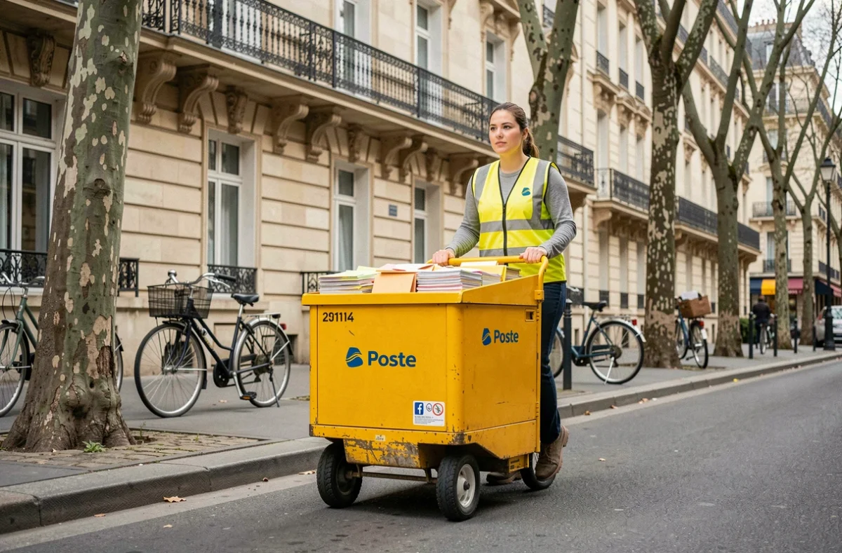 Factrice distribuant le courrier avec un chariot postal jaune dans une rue du 19e arrondissement de Paris