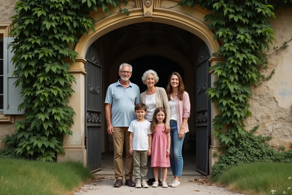 Famille de trois g&eacute;n&eacute;rations pr&egrave;s d un ch&acirc;teau abandonn&eacute;