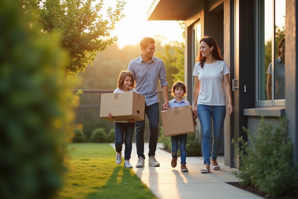 Famille heureuse sortant de la maison avec des cartons