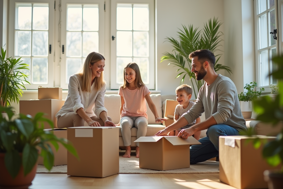 Famille heureuse emballant des cartons dans un salon lumineux