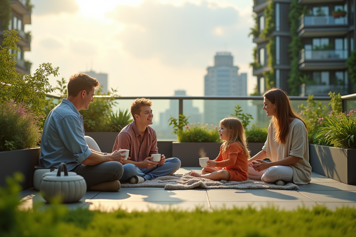 Famille relaxant sur terrasse verte en ville ensoleillée