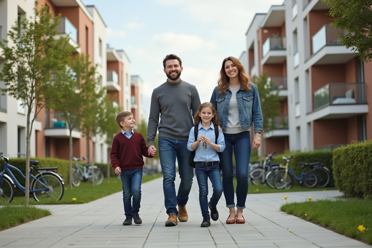 Famille souriante devant leur nouvel appartement en banlieue